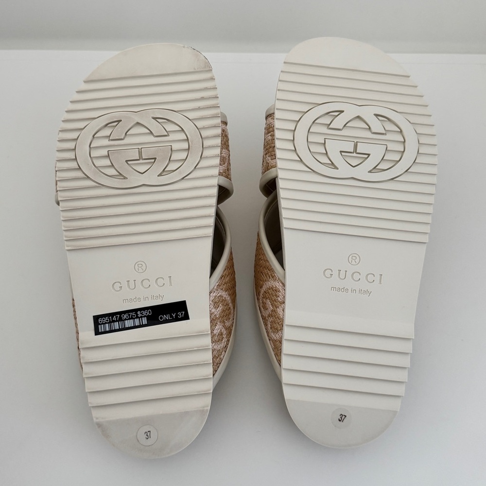 Gucci Rafia Chevron Beige and Pink Logo Women's Sandals Slides - Picture 4 of 9